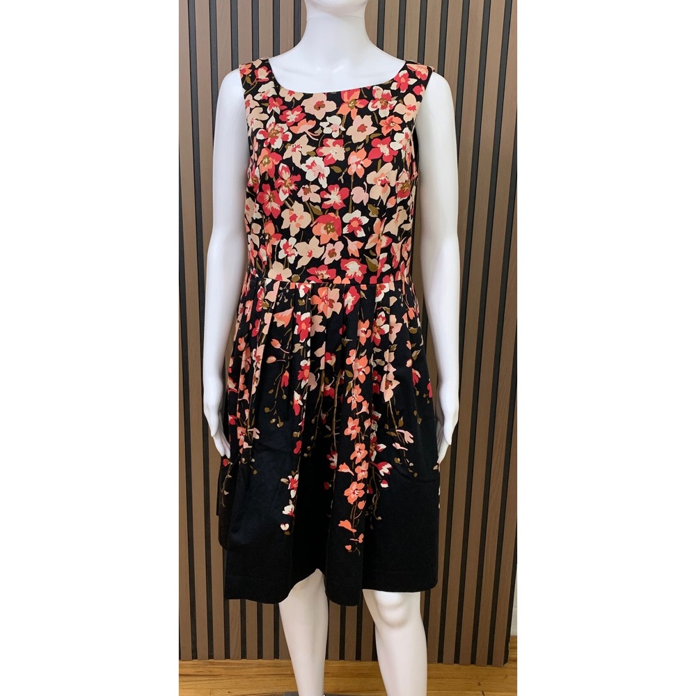 Talbots Women's Petites Black Floral Sleeveless Fit Flare Pleated Dress 8P